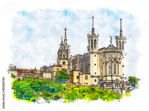 Basilica of Notre Dame de Fourviere, Lyon, France, watercolor sketch illustration.