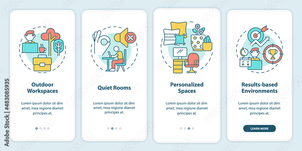 Building inspiring work environment onboarding mobile app screen. Walkthrough 4 steps graphic instructions pages with linear concepts. UI, UX, GUI template. Myriad Pro-Bold, Regular fonts used