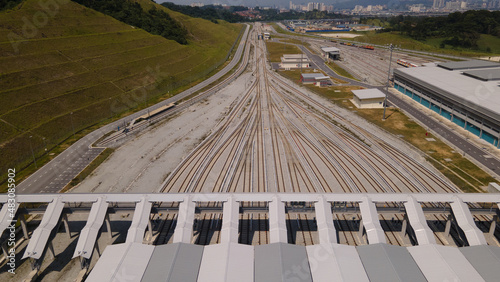 An aerial top down view of multi MRT railway track photo