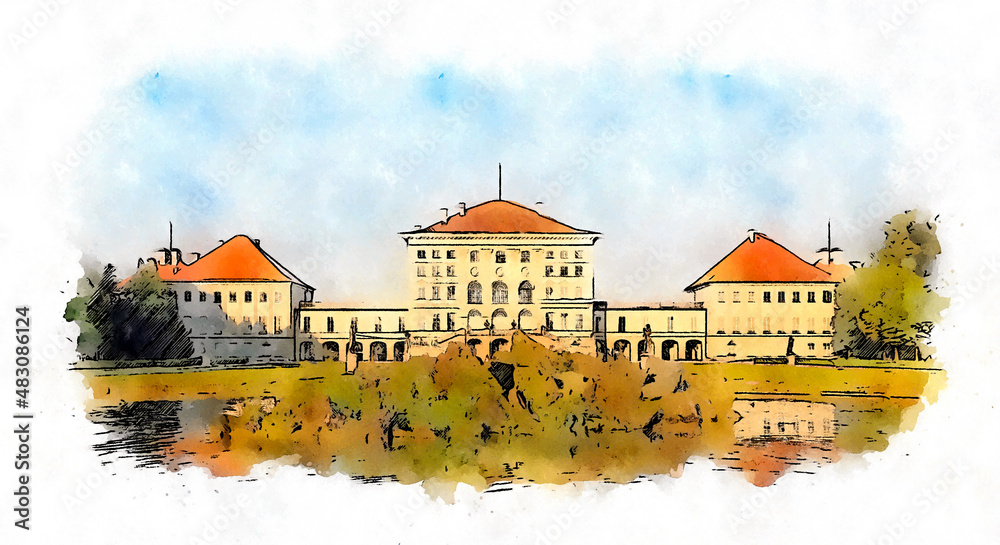 Naklejka premium Nymphenburg Palace (Schloss Nymphenburg) in Munich, Germany, watercolor sketch illustration.
