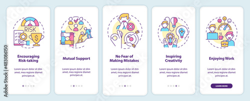 Employee happiness importance onboarding mobile app screen. Enjoying work walkthrough 5 steps graphic instructions pages with linear concepts. UI, UX, GUI template. Myriad Pro-Bold, Regular fonts used