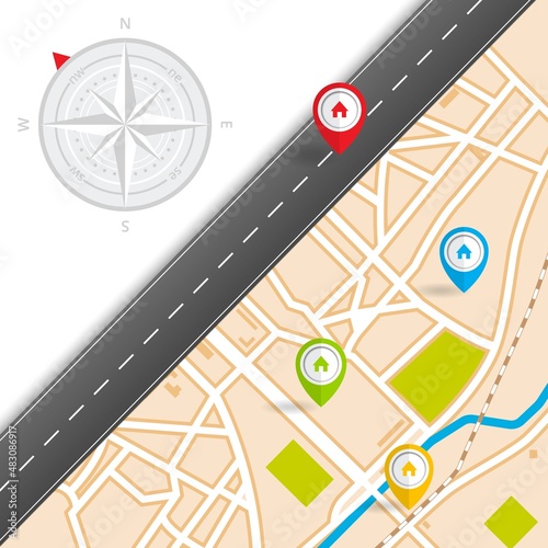 Map direction with gps navigation pin and compass. District search, place destination find