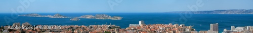 Fototapeta Naklejka Na Ścianę i Meble -  View of Marseille town and Chateau d'If castle famous historical fortress and prison on island in Marseille bay. Marseille, France
