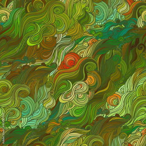 Vector color abstract hand-drawn hair pattern with waves and clouds. Asian st...