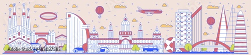 Barcelona travel poster with cityscape panorama. Spain city skyline scenery