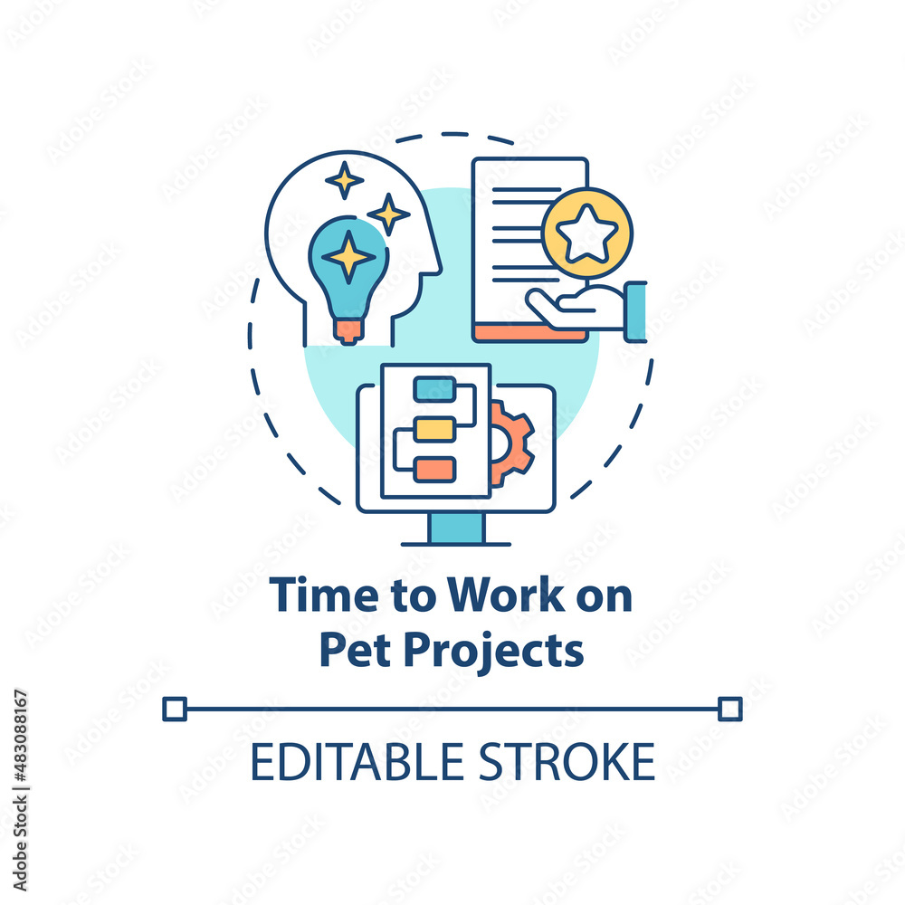 Time to work on pet projects concept icon. Employee engagement abstract idea thin line illustration. Side project time. Isolated outline drawing. Editable stroke. Arial, Myriad Pro-Bold fonts used Time to work on pet projects concept icon. Employee engagement abstract idea thin line illustration. Side project time. Isolated outline drawing. Editable stroke. Arial, Myriad Pro-Bold fonts used