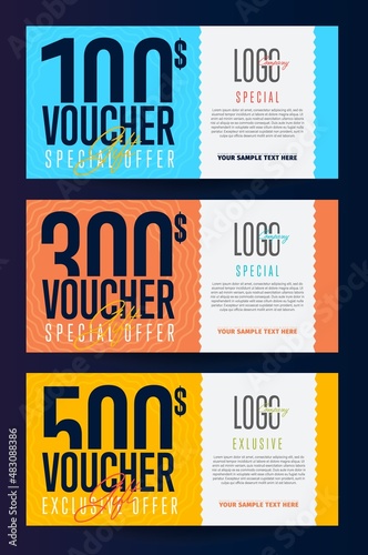 Gift voucher coupon with financial present set. Special exclusive value reward, discount offer
