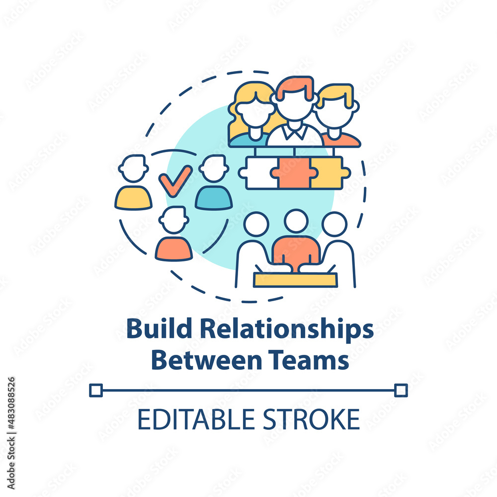 Build relationships between teams concept icon. Employee engagement abstract idea thin line illustration. Team building. Isolated outline drawing. Editable stroke. Arial, Myriad Pro-Bold fonts used