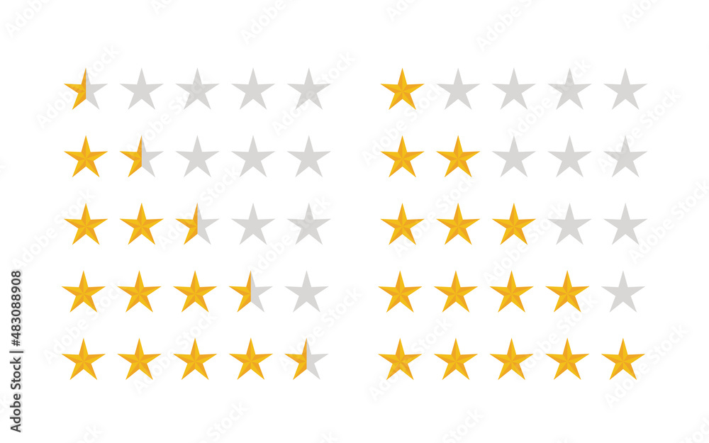 Golden star rating, All ranges star point, half star to five star point. Golden star rating, All ranges star point, half star to five star point.
