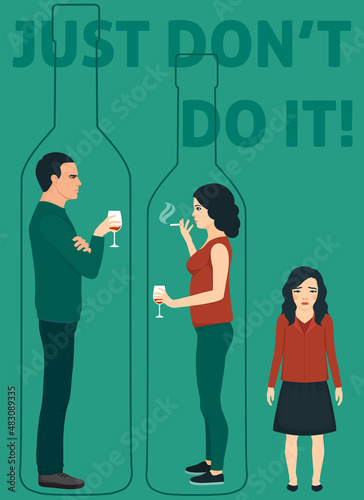 Alcohol abuse against kid. Unable to care. Bad influence. Child abuse concept. Isolated vector illustration.
