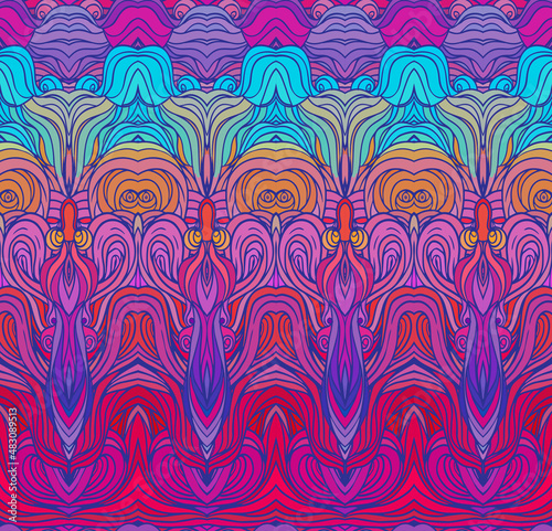 Vector color abstract hand-drawn hair pattern with waves and clouds. Asian st...