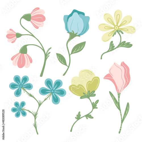 Set of hand drawn flowers, floral elements isolated on a white background. Doodle, simple flat illustration. It can be used for decoration of textile, paper and other surfaces.