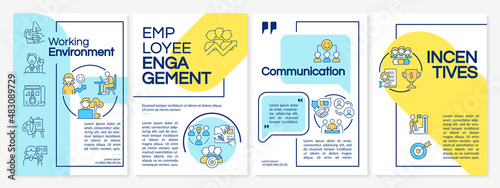 Productive office environment blue and yellow brochure template. Leaflet design with linear icons. 4 vector layouts for presentation, annual reports. Questrial, Lato-Regular fonts used