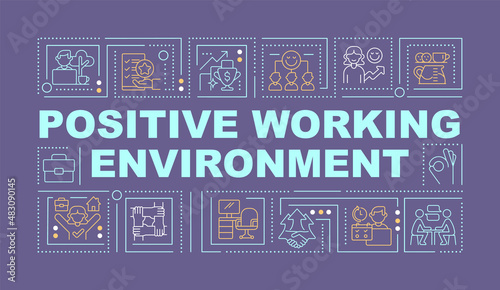 Positive workplace culture word concepts purple banner. Work life balance. Infographics with icons on color background. Isolated typography. Vector illustration with text. Arial-Black font used