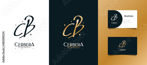 Gold Initial C and B Logo Design with Elegant Handwriting Style and Golden Stars. CB Signature Logo or Symbol for Wedding, Fashion, Jewelry, Boutique, Botanical, Floral and Business Identity