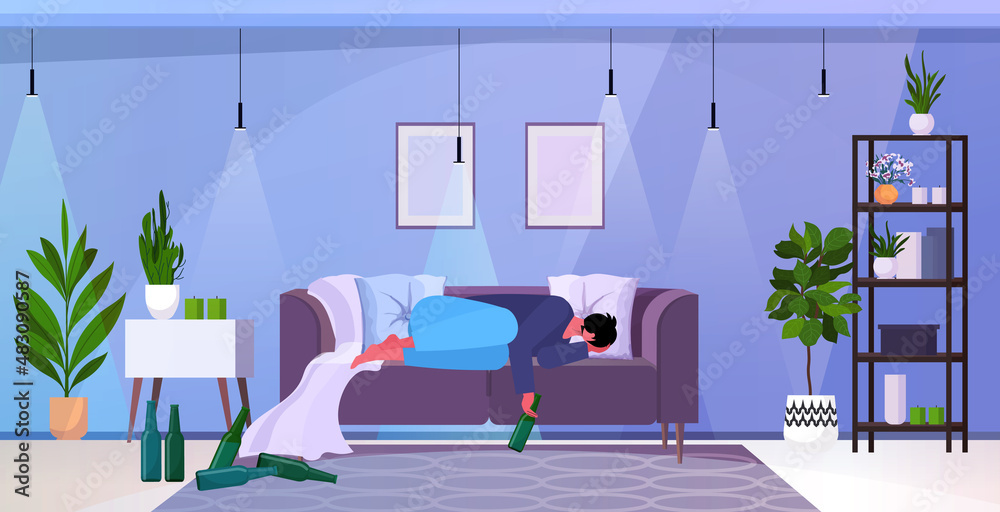 sad man drinker with bottles sleeping in bed alcoholic drinking alone  depressed addicted drunk guy having problem alcohol addiction alcoholism  concept Stock Vector | Adobe Stock
