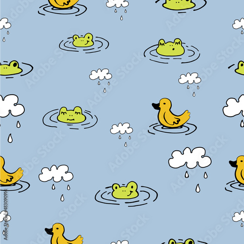 Baby cute frogs, ducks, clouds. Vector seamless pattern. Rain, water, anti-leakage for children, for printing and children's games in the water.