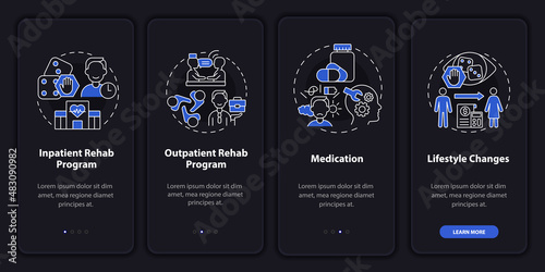 Gambling addiction treatment night mode onboarding mobile app screen. Walkthrough 4 steps graphic instructions pages with linear concepts. UI, UX, GUI template. Myriad Pro-Bold, Regular fonts used