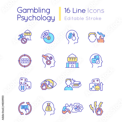 Gambling psychology RGB color icons set. Reasons of addiction. Overcoming problem. Isolated vector illustrations. Simple filled line drawings collection. Editable stroke. Quicksand-Light font used