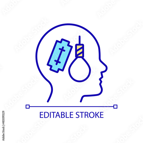 Suicidal thoughts RGB color icon. Depression mental disorder. Psychotherapy and recovery. Isolated vector illustration. Simple filled line drawing. Editable stroke. Arial font used