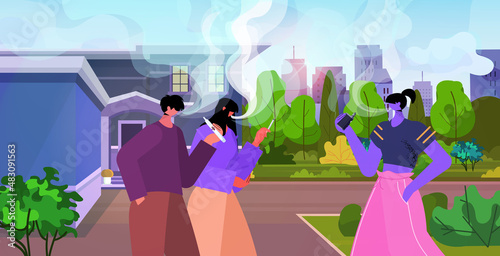 businesspeople smoking e-cigarettes bad habits unhealthy lifestyle nicotine addiction concept cityscape background