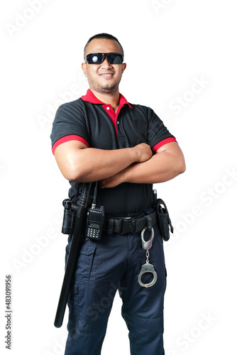 Security guards wearing black glasses.stand with arms crossed with rubber batons and handcuffs on tactical belts. on a isolated white background Eliminate the concept of security