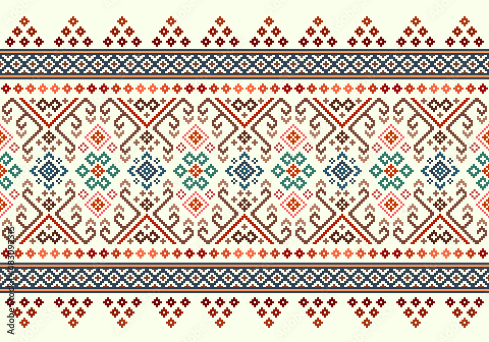 Pixel pattern. Cross Stitch. Geometric ethnic oriental pattern traditional Design for clothing, fabric, background, wallpaper, wrapping, batik. Knitwear,  Embroidery style. Vector illustration.