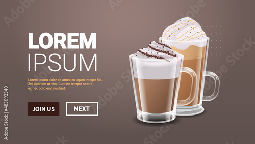 realistic coffee in glasses hot frappe and glace drinks horizontal