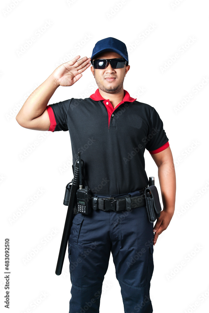 A security guard wearing black glasses, wearing a cap, salutes, has rubber batons and handcuffs on his tactical belt. isolated white background Eliminate the concept of security A security guard wearing black glasses, wearing a cap, salutes, has rubber batons and handcuffs on his tactical belt. isolated white background Eliminate the concept of security