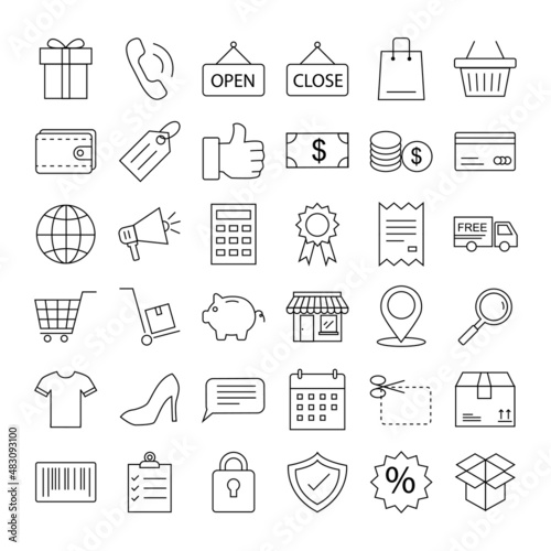 set of online shopping thin flat icons. collection e-commerce symbol. vector illustration in flat style. isolated on white background.business marketing concept.