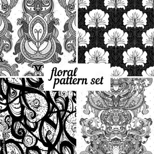 Black and white floral pattern set. Vector illustration.
