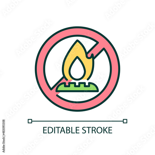 Gas system prohibition RGB color icon. Natural gas danger. Fossil fuel. Prevent pollutions and emissions. Isolated vector illustration. Simple filled line drawing. Editable stroke. Arial font used