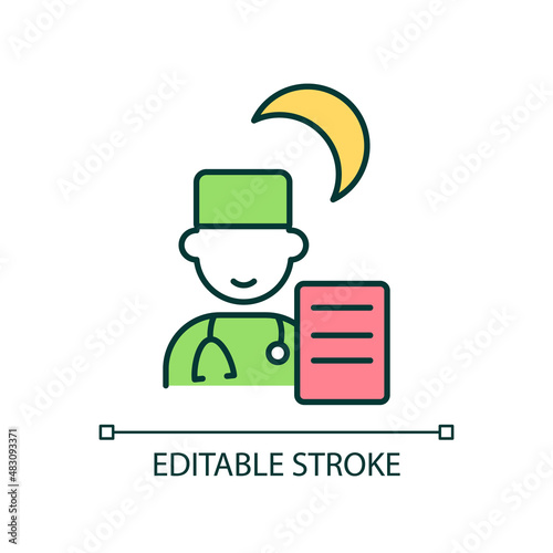 Duty doctor RGB color icon. Night shift physician. Urgent medical help. First aid. Diagnosing and treatment. Isolated vector illustration. Simple filled line drawing. Editable stroke. Arial font used