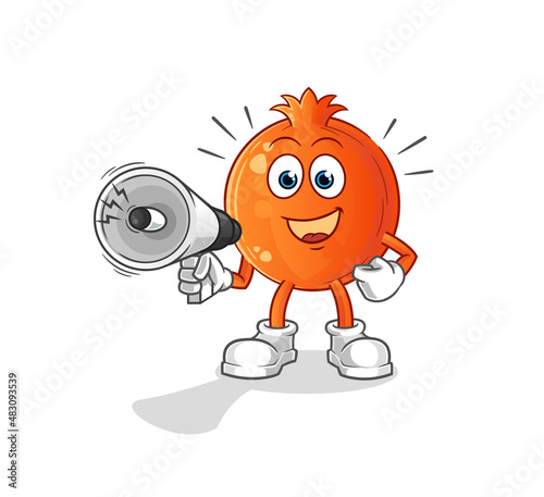 pomegranate holding hand loudspeakers vector. cartoon character