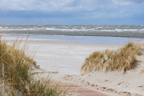Fototapeta Naklejka Na Ścianę i Meble -  Beach on the North Sea. Small dune with grass and with the North Sea in the background. At the sea in a German travel destination. Promenade in the Netherlands. Vacation in spring	