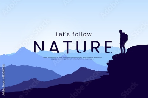 Traveler standing on a rock and looking on valley. The guy watches nature with backpack and cap. Hiking. Adventure tourism. Website template. Countryside. Travel concept.