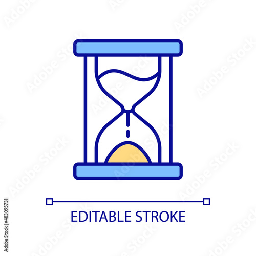 Sandglass RGB color icon. Old fashioned timepiece. Measuring time passage. Hourglass device. Sand timer. Isolated vector illustration. Simple filled line drawing. Editable stroke. Arial font used