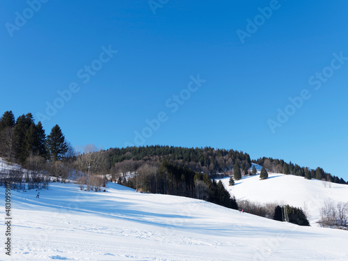 Fröhnd im Schwarwald. Schneelandschaft im oberen Wiesental im Belchenland zwischen Tannenbodenhütte und Orsteil Hof. Skipisten und Langlauf