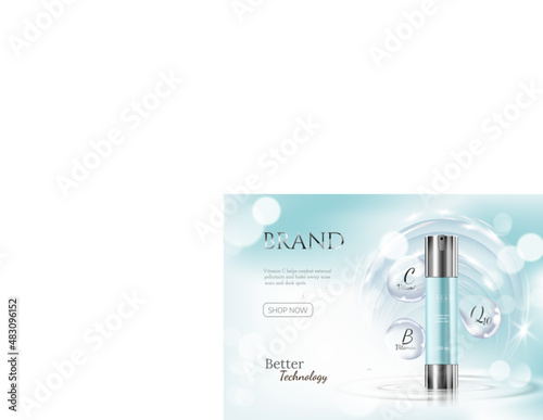 Moisturizing luxury cosmetic products and, light blue bokeh background with extract in bubble effect beautiful containers and watery texture in 3d illustration