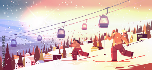 people skiing man woman tourists couple doing activities winter vacation concept sunset snowfall landscape