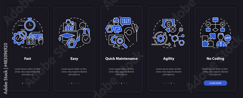 Advantages of no code night mode onboarding mobile app screen. Web 3 0 walkthrough 5 steps graphic instructions pages with linear concepts. UI, UX, GUI template. Myriad Pro-Bold, Regular fonts used