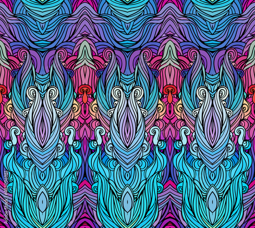 Vector color abstract hand-drawn hair pattern with waves and clouds. Asian st...