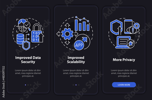 Web 3 0 benefits night mode onboarding mobile app screen. No code option walkthrough 3 steps graphic instructions pages with linear concepts. UI, UX, GUI template. Myriad Pro-Bold, Regular fonts used