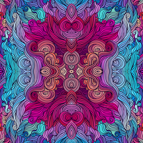 Vector color abstract hand-drawn hair pattern with waves and clouds. Asian st...