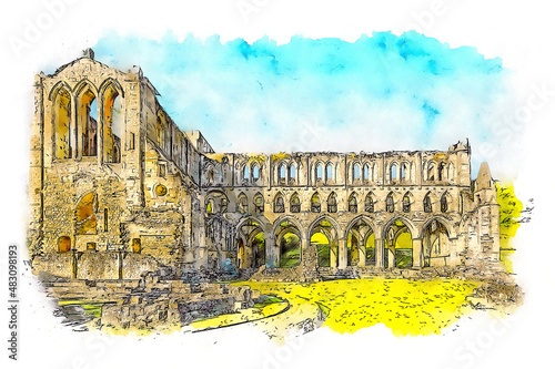 The stunning ruins of Rievaulx Abbey near Helmsley , North Yorkshire, England, watercolor sketch illustration. photo