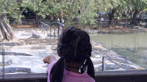 Slow motion scene of A mother holding a 5-year-old Asian girl is standing by the pond looking at the crocodile. learn things around