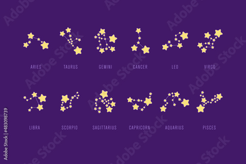 Set of zodiac constellations with titles. Cute vector illustration