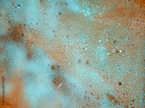 Oxidized copper background. copper oxide patina. natural texture copper material.green and blue copper patina photo
