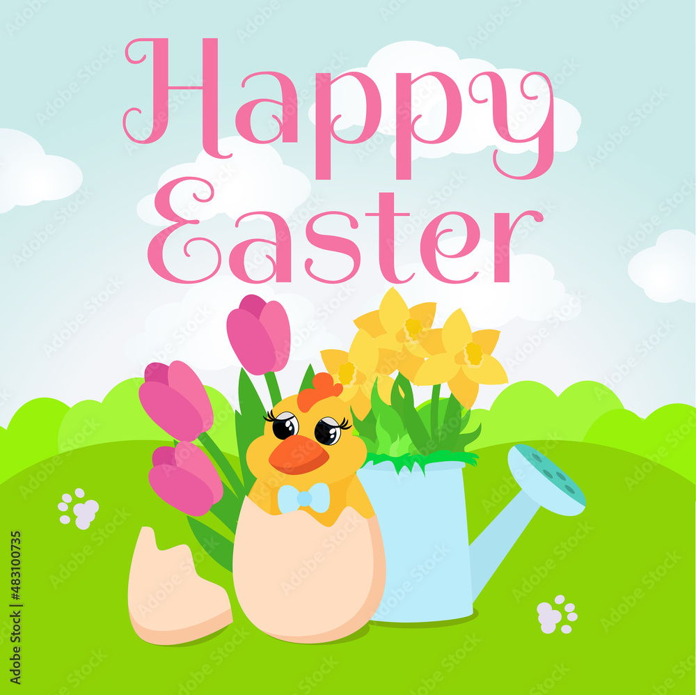 Naklejka premium On a green meadow there is a charming chicken and a watering can and flowers tulips and daffodils. Vertical banner for spring holiday and text Happy Easter.
