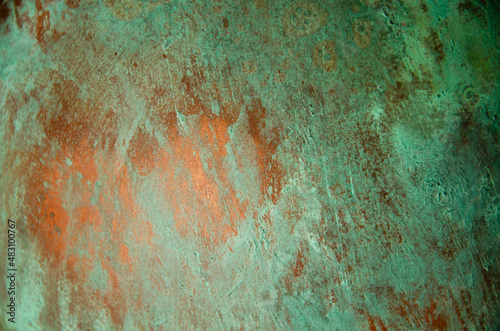 Oxidized copper background. copper oxide patina. natural texture copper material.green and blue copper patina photo